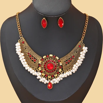 Luksuzni ženski komplet nakita s etničkim crveno kubični cirkon, naušnice-roze zlata, ogrlica s malom imitacija bisera ogrlice s četkom, ogrlica s kapljicama vode