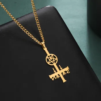Obrnuti križ, pentagram, Okruglo ogrlica s ovjesom za žene i Kubanske lanac od nehrđajućeg čelika, ogrlice, Modni nakit, poklon
