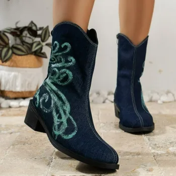 Ženske cipele u prodaji; Novi Ženske čizme s rukavima; Jesenje Kaubojske čizme s oštrim vrhom Mješoviti boja na srednje debelim petama u Zapadnom stilu