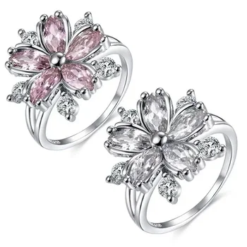 Ruža i prsten s цирконием u obliku cvatu trešnje, ženski kvalitetan skup vjenčanje dekoracije s bijelim dijamantima, Luksuzne svjetlucavi prstenovi za bankete
