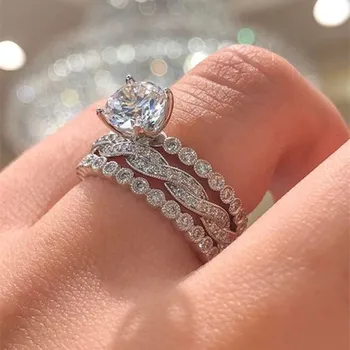 Huitan Elegantan dizajn, 3 kom., skup prstenova za žene, srebrne boje, sjajan CZ, suvremena moda, vjenčanje ženski nakit za zaruka