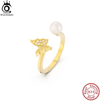ORSA JEWELS 14K Gold Butterfly CZ Otvoreni prsten Elegantne prstenje s biserima od 925 sterling srebra za žene, poklon za rođendan, GPR14