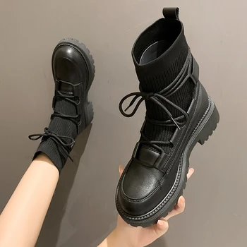 Ženski moto čizme 2023, Nove svakodnevne ženske čarape od elastične tkanine, Trendy ženske cipele s cross uvezivanje, Gotički cipele na platformu