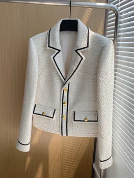 Elegantne kratke jakne od твида kontrastne boje Zima-jesen, kaput u engleskom stilu s nazubljenom džep, однобортная mornarska odjeća
