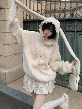 Slobodan hoodies Harajuku od ovčje vune s vezom zeca Y2k, эстетичные Гранжевые hoodies, ženske majice, slatka pulover s tie Kawaii