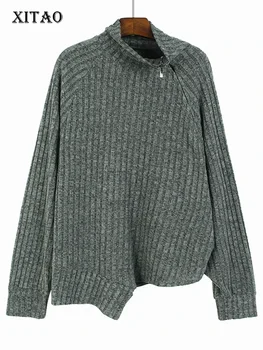 XITAO Asimetrični pulover u patchwork stilu munje, pletenje, Izgleda vrat, Labava veste, individualnost, Jesen 2023, Nova moda DMJ3145