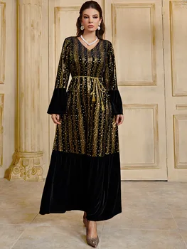 Proljeće duga haljina 2023 godine, Prosječna jesen i zima, Arapska ženska Brončani tisak, vez, Svakodnevni zlatni Baršun tuniku, Pojas za haljine.