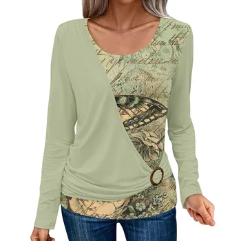 Ženska moda casual majica, starinski top s geometrijskim po cijeloj površini, okrugli izrez, Lažni vrhovima od dva dijela s dugim rukavima, Uredski ženske majice