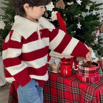 Dječja odjeća, Za dječake i djevojčice, korejski stil 2023, Casual Jednostavan Zimski Novi prugasti džemper za dječake i djevojčice, pulover, džemper