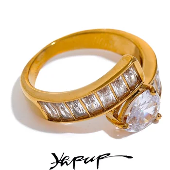 Yhpup Kvalitetan šarene sija prsten s кубическим цирконием od nehrđajućeg čelika, Luksuzno prsten s premazom od 18 Karata, modni nakit za ruke, ženski