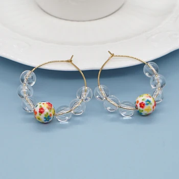 Go2BoHo Naušnice-prstenovi od nehrđajućeg čelika, 1 cvijet, 6 Prozirnih akrilnih perli, zlatne naušnice-šarke za žene, modni nakit